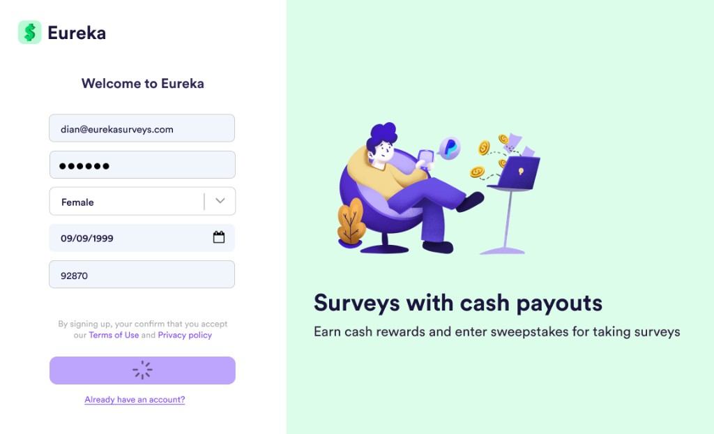 Sign-up form with disabled CTA and spinner on the button