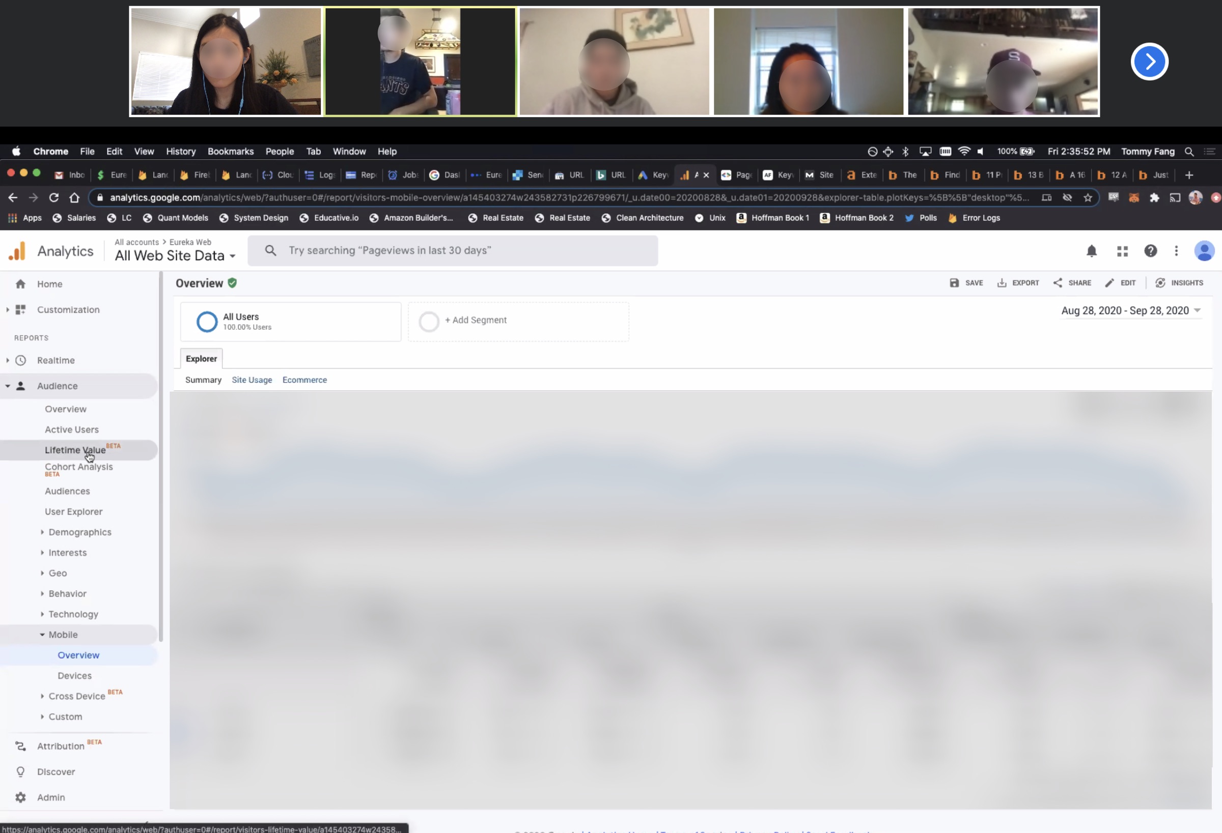 Remote team standup over video call, reviewing Google Analytics data