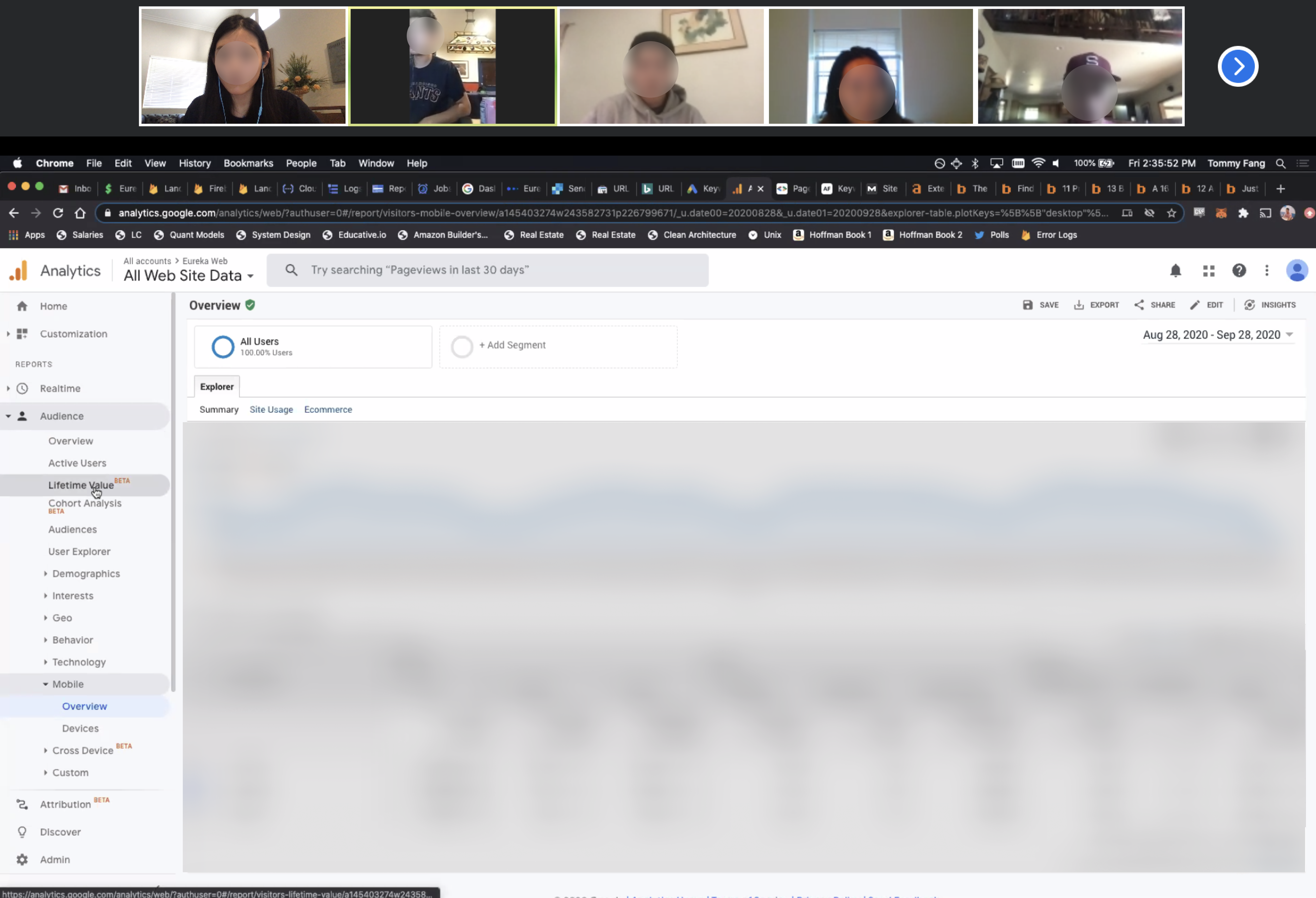 Remote team standup over video call, reviewing Google Analytics data