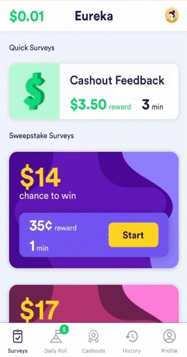 Survey types and earning flow in the app