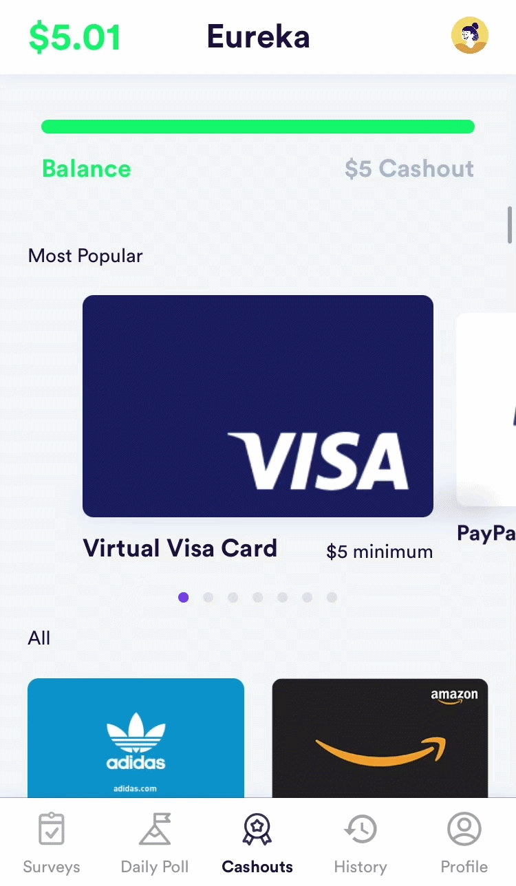 Cash-out options — PayPal and gift cards