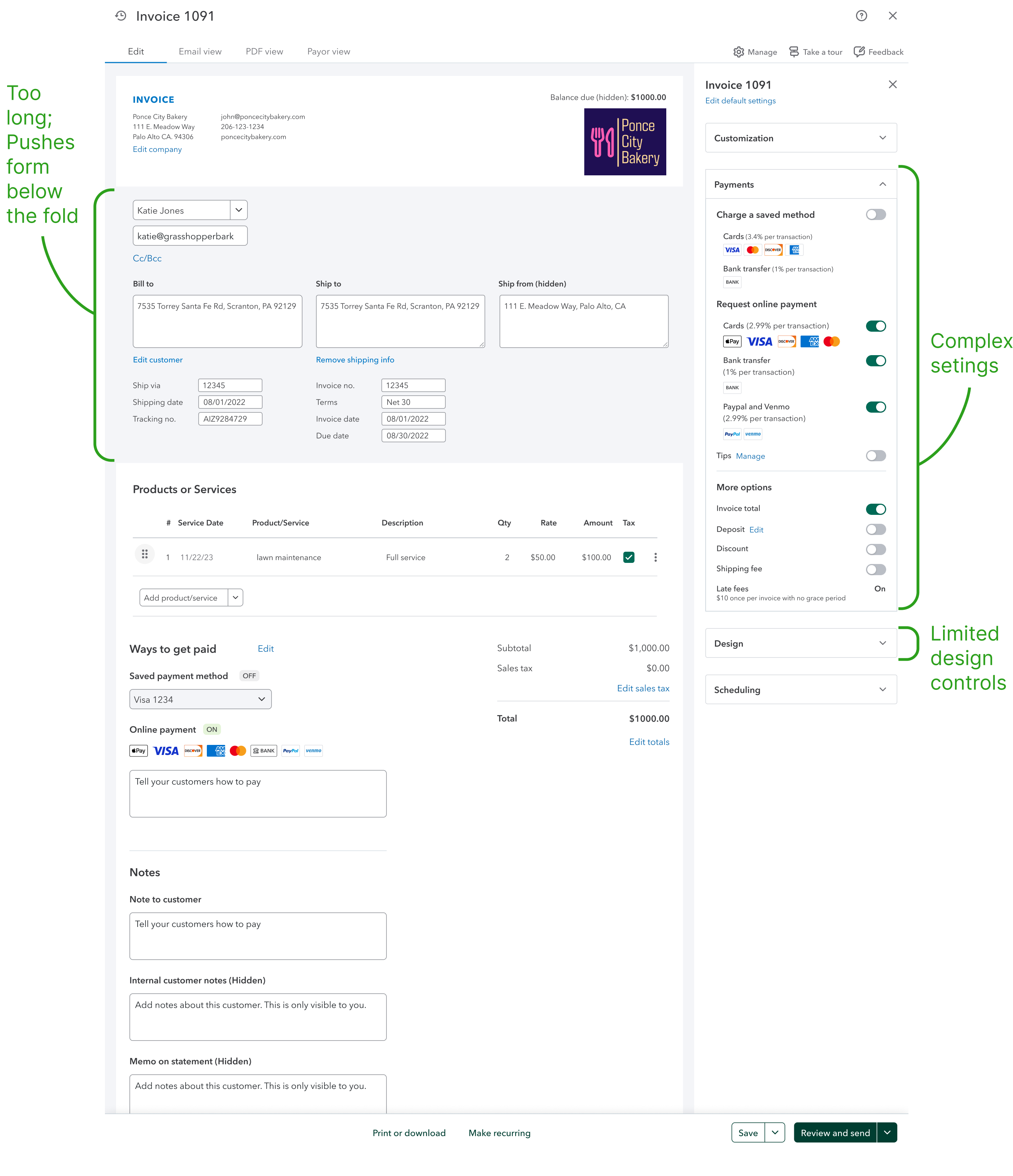 Original QuickBooks invoice editor with payments settings expanded